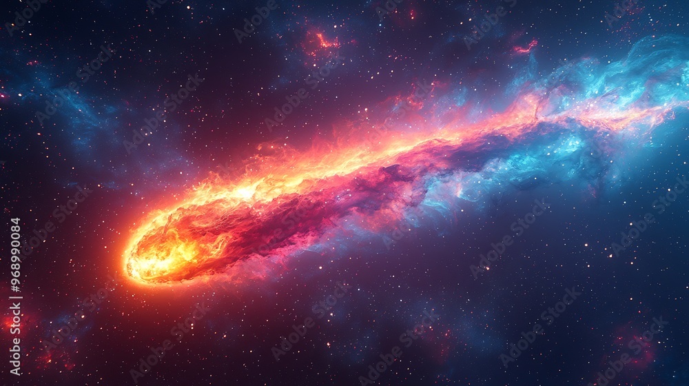 Fototapeta premium Semiabstract design of a comet streaking through a colorful starry sky with its tail dissolving into swirling neon patterns symbolizing space exploration and wonder