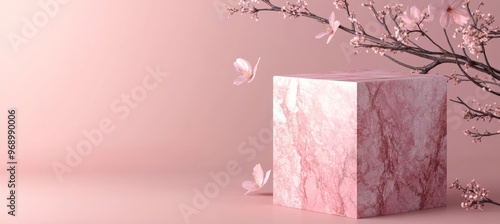 Display stand with blossom flowers on pink background, made out of white stone. 3D rendering of the stand.