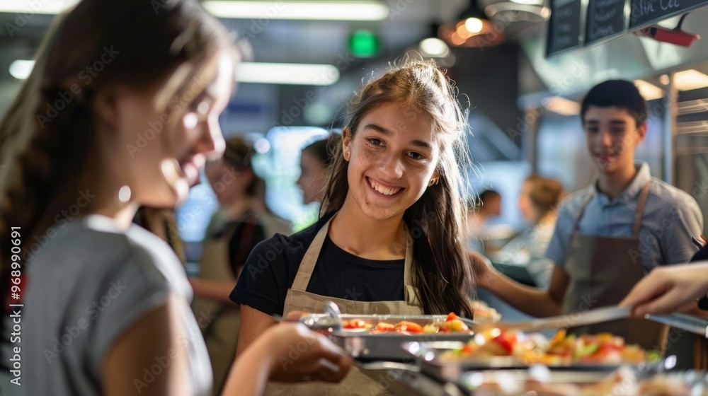 A lively cafeteria scene with two apron-clad individuals sharing food, surrounded by a vibrant community of students/staff fostering camaraderie and teamwork. A lively cafeteria scene with two apron-clad individuals sharing food, surrounded by a vibrant community of students/staff fostering camaraderie and teamwork.