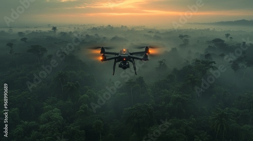 Futuristic AI-powered environmental monitoring drones scanning forests and wildlife: Drones using AI to track ecosystem health and detect illegal logging or poaching.