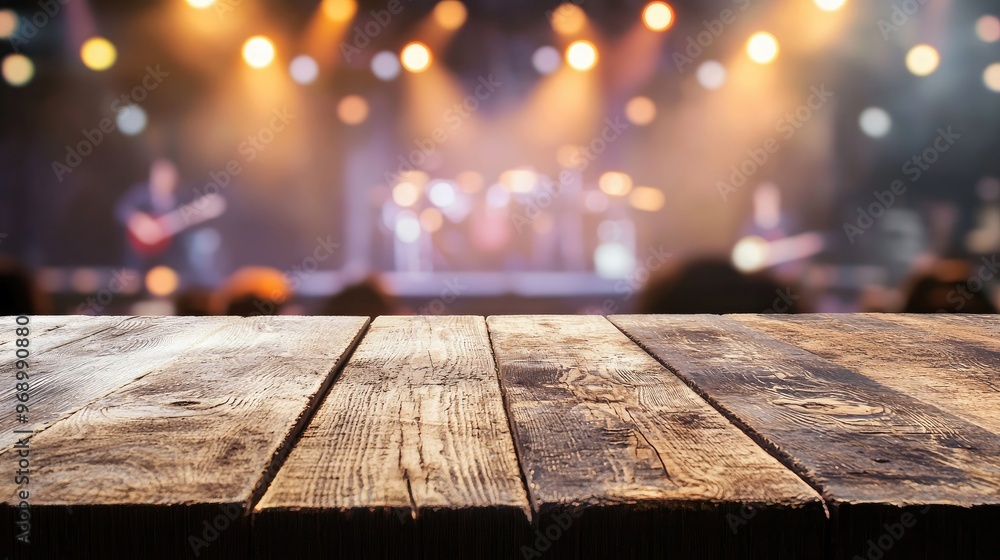 Wooden table with an out of focus image of a beautiful concert band background rock lights and stage Wooden table with an out of focus image of a beautiful concert band background rock lights and stage