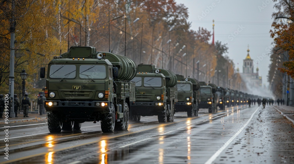 A serious military convoy with missile systems drives through a rainy city. Soldiers walk beside trucks, creating a somber, reflective atmosphere. A serious military convoy with missile systems drives through a rainy city. Soldiers walk beside trucks, creating a somber, reflective atmosphere.