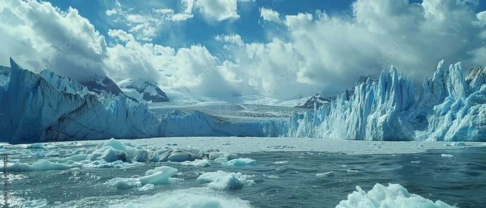A photo of a vast icy landscape with a dark ocean, ice floes, and the impressive Perito Moreno Glacier. Serene beauty contrasts with the fragility of ice formations in a changing climate. A photo of a vast icy landscape with a dark ocean, ice floes, and the impressive Perito Moreno Glacier. Serene beauty contrasts with the fragility of ice formations in a changing climate.
