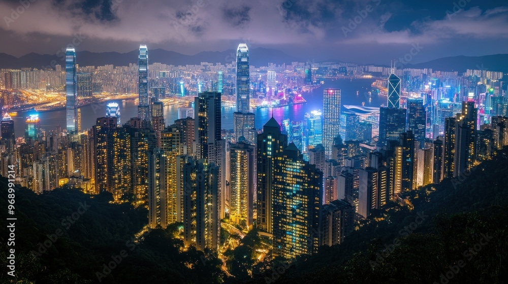 Obraz premium Nighttime View of Hong Kong Skyline from a Hillside