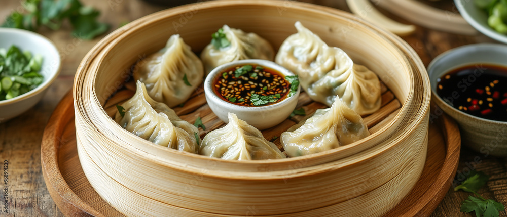 gyoza steamed dumplings with soy sauce in a bamboo steamer gyoza steamed dumplings with soy sauce in a bamboo steamer