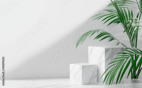 The white marble podium stands in front of a white background with a leaf shadow on a white wall. This is a 3d render in spring and summer.