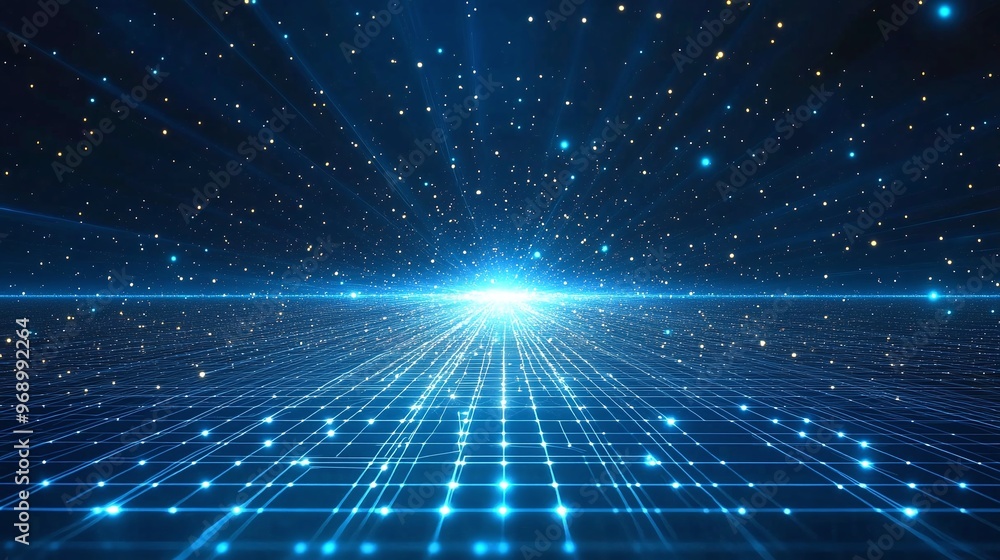 A stunning abstract view of a bright light emerging from a grid in a starry space, perfect for futuristic concept designs. A stunning abstract view of a bright light emerging from a grid in a starry space, perfect for futuristic concept designs.