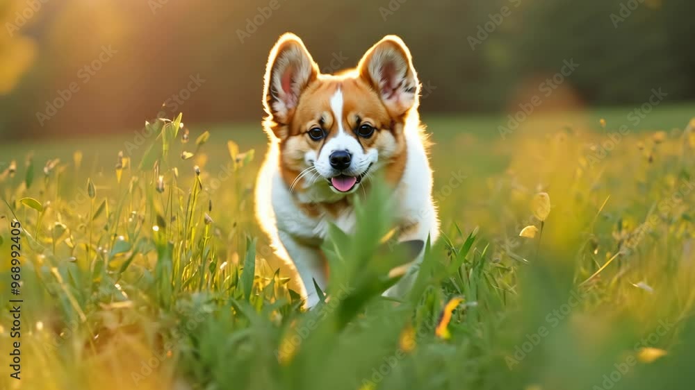 Corgi Puppy with Short Legs Running Through Field with Ears Flapping in the Wind Corgi Puppy with Short Legs Running Through Field with Ears Flapping in the Wind
