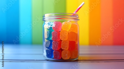 A glass jar filled with colorful gummy candies, arranged in a rainbow pattern photo