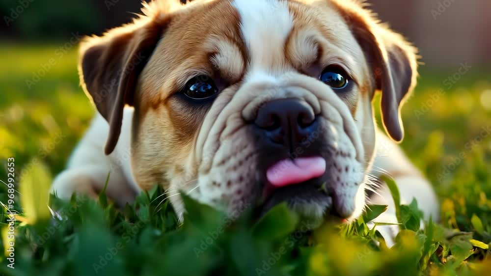 Bulldog Puppy with Wrinkly Skin Lying on Grassy Lawn Looking at Camera Bulldog Puppy with Wrinkly Skin Lying on Grassy Lawn Looking at Camera