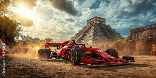 Formula 1 car racing on the streets of Mexico near Chichen Itza during the vi...