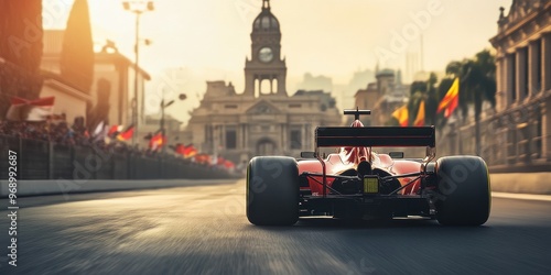 Formula 1 car racing at Gran Premio de México with Constitution Plaza in the background during the vibrant event photo