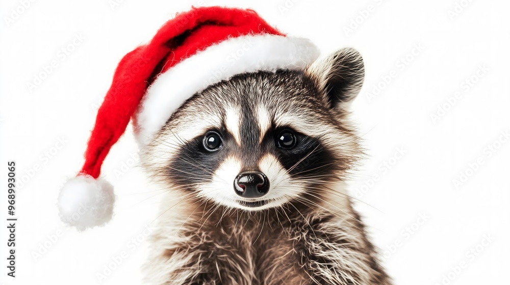 Raccoon in a New Year's hat, isolated on a white background. Funny festive New Year's raccoon, cute animal dressed in Santa clothes. Celebrating Christmas 2025. Generation AI Raccoon in a New Year's hat, isolated on a white background. Funny festive New Year's raccoon, cute animal dressed in Santa clothes. Celebrating Christmas 2025. Generation AI