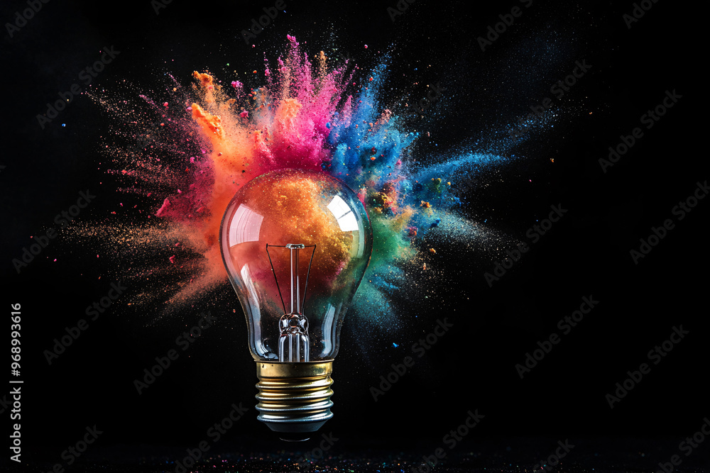 Creative concept light bulb explodes with colorful water colors on a light blue background. Think different, creative idea. Productivity and creativity Creative concept light bulb explodes with colorful water colors on a light blue background. Think different, creative idea. Productivity and creativity