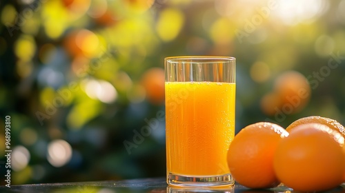 A transparent glass with orange juice in it, the glass is on a table in an orange garden.