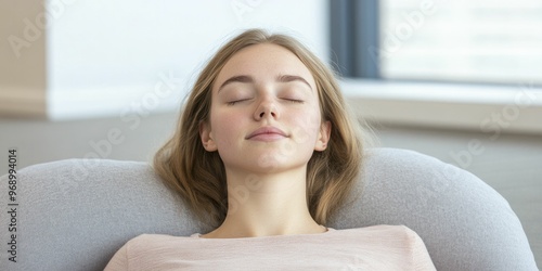 Participate in calming visualization techniques while resting on a comfortable mat to enhance your sense of tranquility and well-being. photo