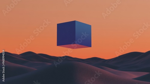 Chrome cube flying over alien planet terrain. 80s styled retro sci-fi landscape with mountains and the setting sun in the distance.