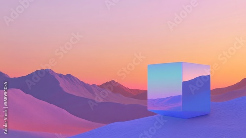 A mysterious chrome cube flies over alien planet terrain. A retro sci-fi landscape with mountains and a sundown in the 80s style.