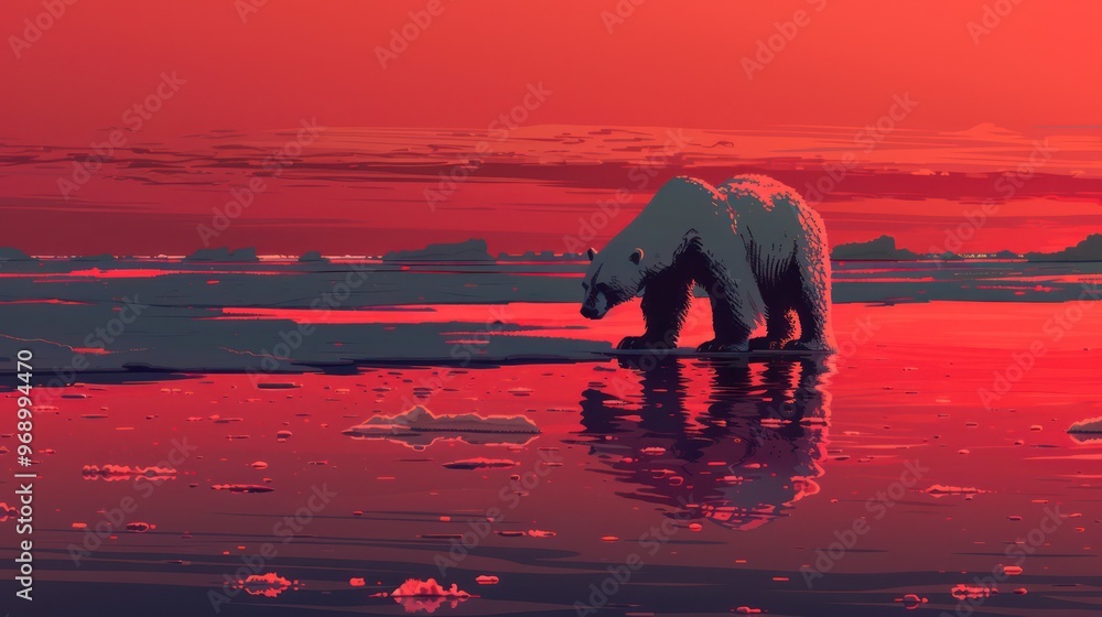 Obraz premium A serene polar bear stands on icy terrain, reflecting the vibrant colors of a sunset over a tranquil water surface.