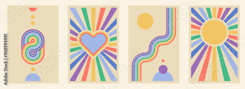 Zen arch poster set, retro style simple line arch and shapes. Geometric rainbow Japanese zen pattern, minimal elements. Boho style strips.