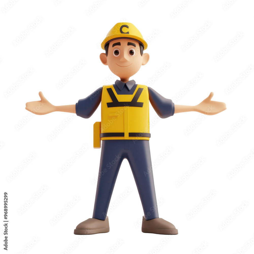 3D illustration of a smiling construction worker in yellow safety gear, welcoming with open arms. Ideal for construction and safety themes. 3D illustration of a smiling construction worker in yellow safety gear, welcoming with open arms. Ideal for construction and safety themes.
