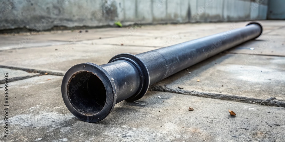 A single black plastic water pipe lies on a grey concrete floor, surrounded by faint scratches and scuff marks, seemingly abandoned in a utility yard. A single black plastic water pipe lies on a grey concrete floor, surrounded by faint scratches and scuff marks, seemingly abandoned in a utility yard.