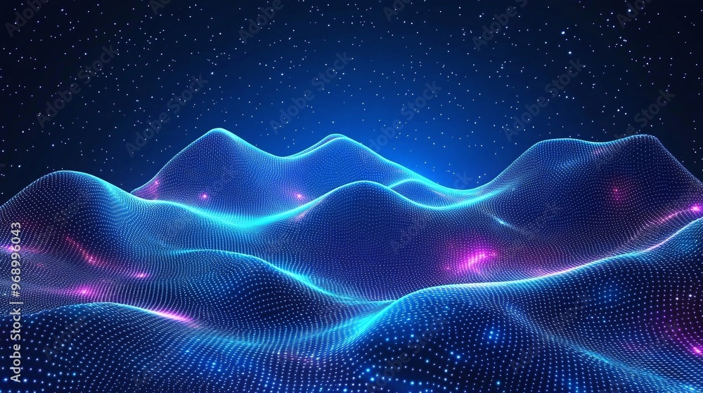 A stunning digital landscape featuring glowing waves and vibrant colors against a starry background. A stunning digital landscape featuring glowing waves and vibrant colors against a starry background.