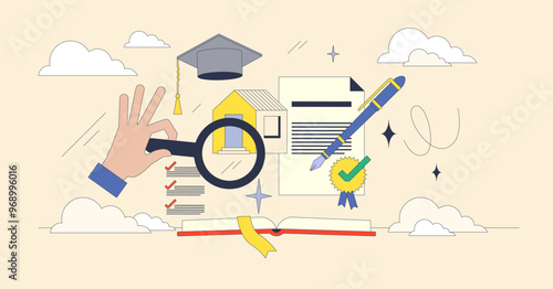 Real estate continuing education and tendencies study neubrutalism concept. Learning housing market value, legal documentation and development to be professional agent or broker vector illustration.