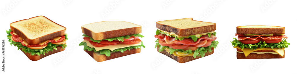 A row of delicious sandwiches with fresh lettuce, tomato, cheese, and bacon, showcasing a variety of delightful sandwich options. A row of delicious sandwiches with fresh lettuce, tomato, cheese, and bacon, showcasing a variety of delightful sandwich options.