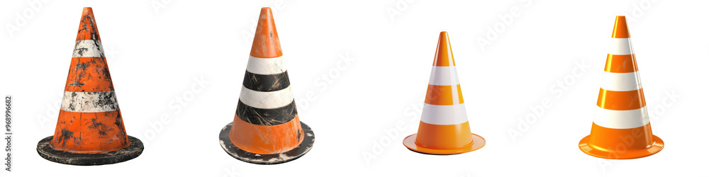 A set of four traffic cones in various conditions ranging from worn and dirty to clean and new, isolated on a white background. A set of four traffic cones in various conditions ranging from worn and dirty to clean and new, isolated on a white background.