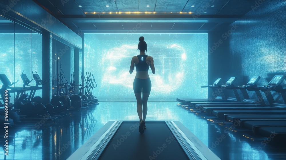 Fototapeta premium Futuristic AI-powered fitness studios offering personalized training with virtual coaches: Gyms using AI to tailor exercise programs and provide feedback to users in real-time.