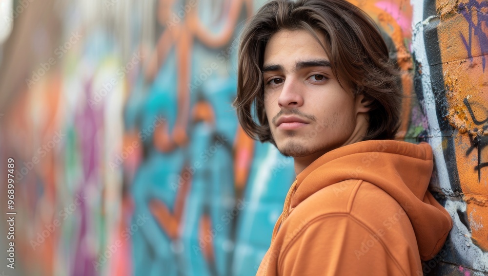 Urban Street Photography Handsome young man in an orange hoodie and brown sweatshirt, with shoulder-length hair, stands against the background of graffiti-covered walls. Urban Street Photography Handsome young man in an orange hoodie and brown sweatshirt, with shoulder-length hair, stands against the background of graffiti-covered walls.