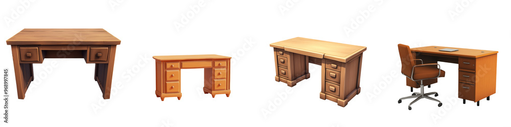 Collection of wooden desks in various styles and sizes, perfect for offices, studies, or home use, showcasing classic and modern designs. Collection of wooden desks in various styles and sizes, perfect for offices, studies, or home use, showcasing classic and modern designs.