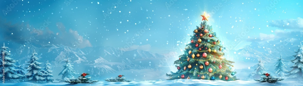 A Christmas tree with many ornaments is in the snow A Christmas tree with many ornaments is in the snow