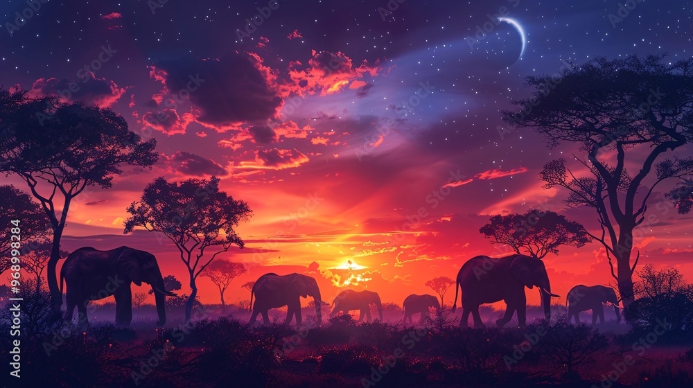 Elephant Silhouettes at Sunset. Elephant Silhouettes at Sunset.