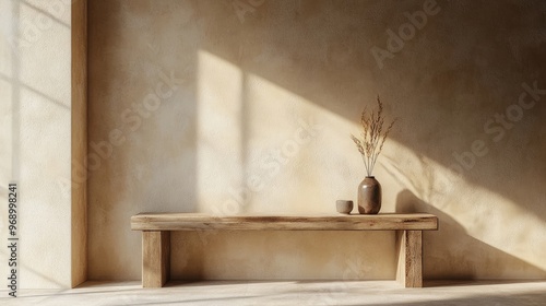 Rustic wood console table against beige stucco wall with copy space Japandi interior design of modern entrance hall