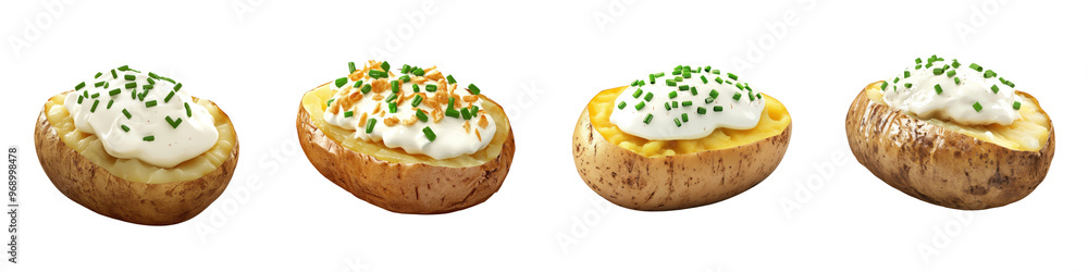 Four delicious twice-baked potatoes with toppings of chives and sour cream, perfect for a savory appetizer or a side dish. Four delicious twice-baked potatoes with toppings of chives and sour cream, perfect for a savory appetizer or a side dish.