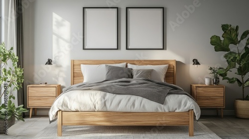 Scandinavian interior design of modern bedroom Natural wood bed and bedside cabinets against wall with two poster frames