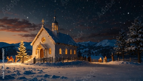 Wallpaper Mural A picturesque snowy landscape with a quaint church adorned with Christmas lights, and a nativity scene in front. Torontodigital.ca