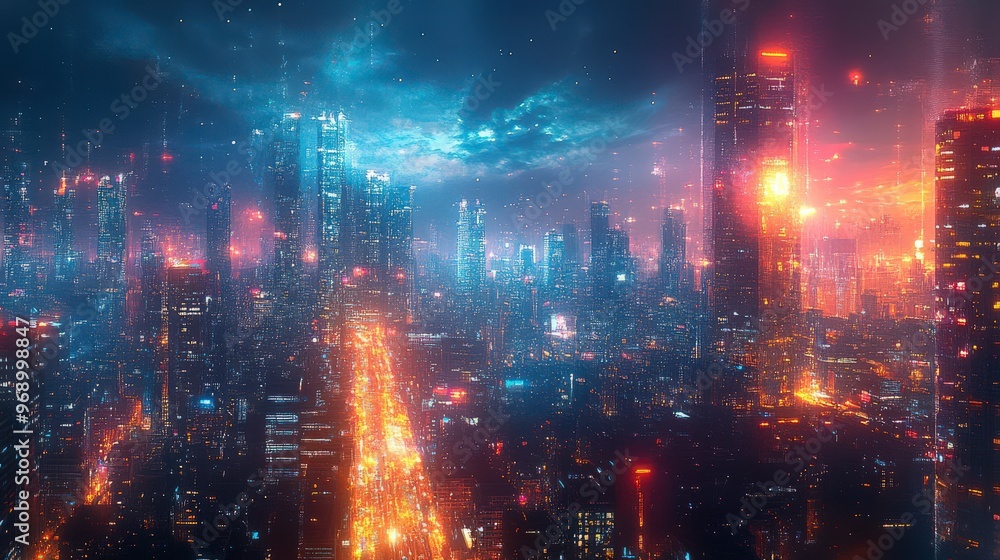 Fototapeta premium Abstract vibrant city skyline with dynamic lights and energy