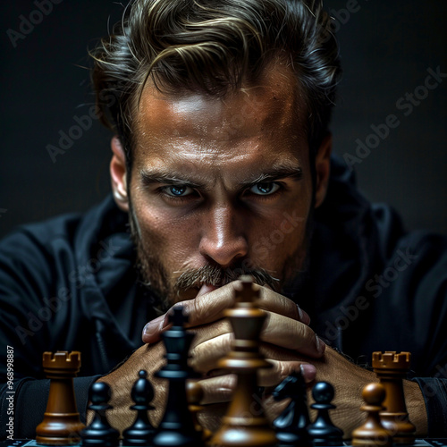 A dramatic, intense close-up of a man strategizing during a chess game, with deep shadows and piercing eyes. photo