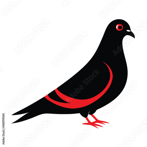 a black and red Pigeon, silhouette vector art illustration, isolated white background,