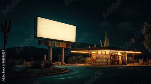 A deserted gas station at night with a blank billboard, illuminated by soft lights, surrounded by serene desert landscape.