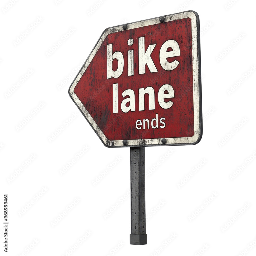 Rustic sign indicating the end of a bike lane. The sign is old, worn out, and features bold text on a rusty background with an arrow shape. Rustic sign indicating the end of a bike lane. The sign is old, worn out, and features bold text on a rusty background with an arrow shape.