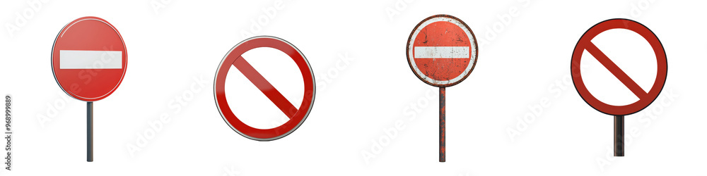 Set of four different no-entry signs on transparent background, red and white urban traffic signs for road safety and traffic regulation. Set of four different no-entry signs on transparent background, red and white urban traffic signs for road safety and traffic regulation.