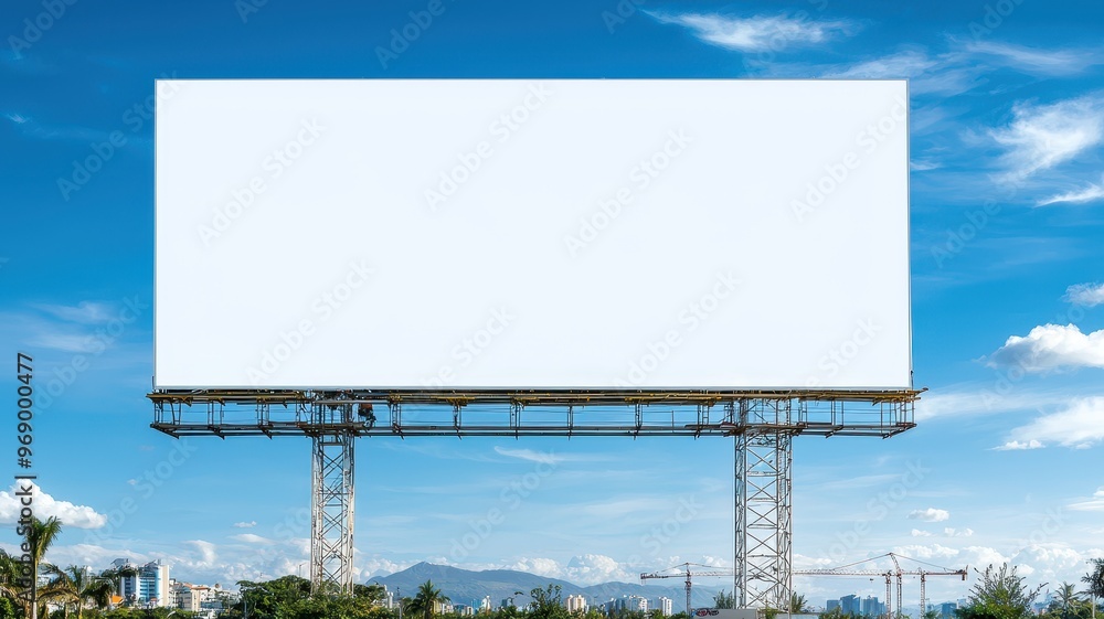 Obraz premium Blank billboard against a clear blue sky, perfect for advertising space or creative design ideas with urban background.