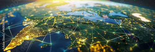 A network map connecting different parts of the world with green lines, suggesting a global green initiative network. photo