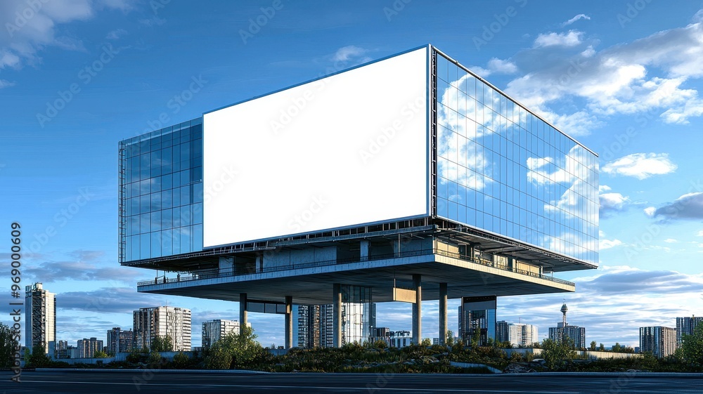 Modern building with a blank billboard, surrounded by a city skyline and blue sky, ideal for advertising or architectural use. Modern building with a blank billboard, surrounded by a city skyline and blue sky, ideal for advertising or architectural use.