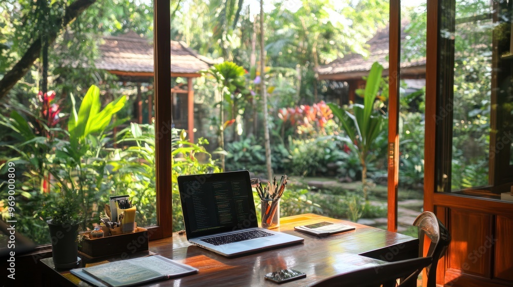 Laptop on a Wooden Desk with a View of Lush Greenery Laptop on a Wooden Desk with a View of Lush Greenery