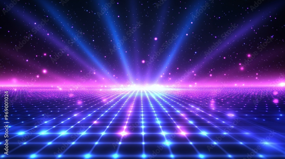A vibrant digital landscape featuring beams of light in blue and pink hues, set against a starry cosmic background. A vibrant digital landscape featuring beams of light in blue and pink hues, set against a starry cosmic background.